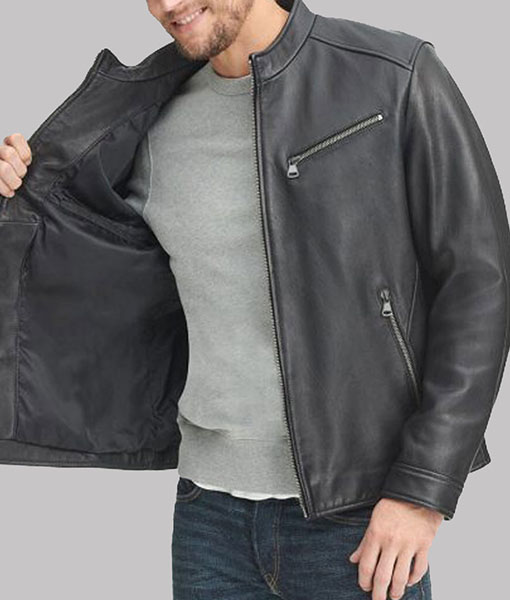 Mens Black Leather Stand-up Collar Jacket
