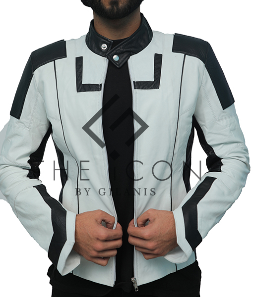 Men's White And Black Slim Fit Leather Jacket