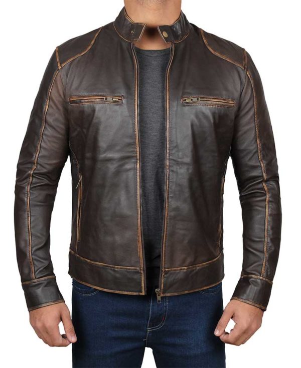 Brown Leather Cafe Racer Jacket