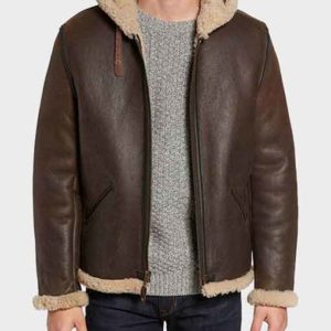 Mens B6 Dark Brown Hooded Shearling Leather Jacket