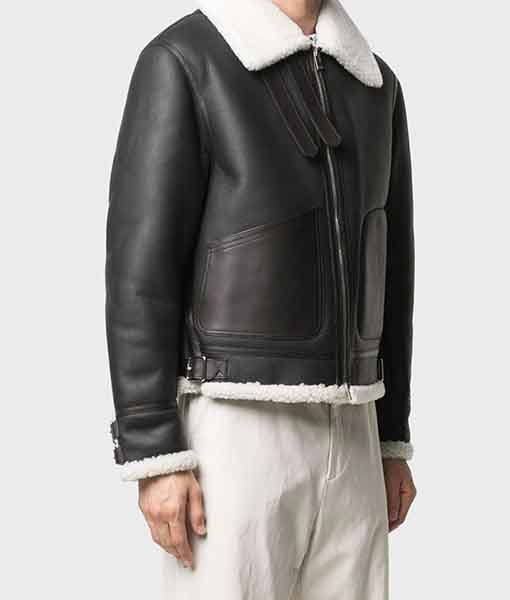 Men’s White Shearling Black Genuine Leather Jacket
