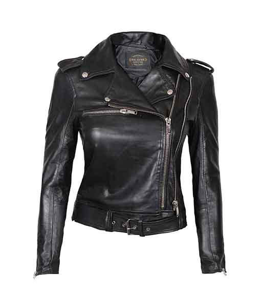 Womens Motorcycle Black Asymmetrical Leather Jacket