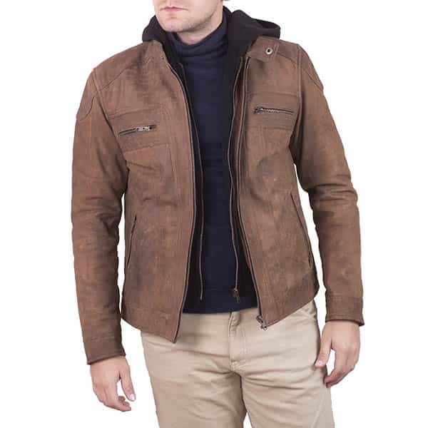 Men's Distressed Brown Leather Jacket With Hood