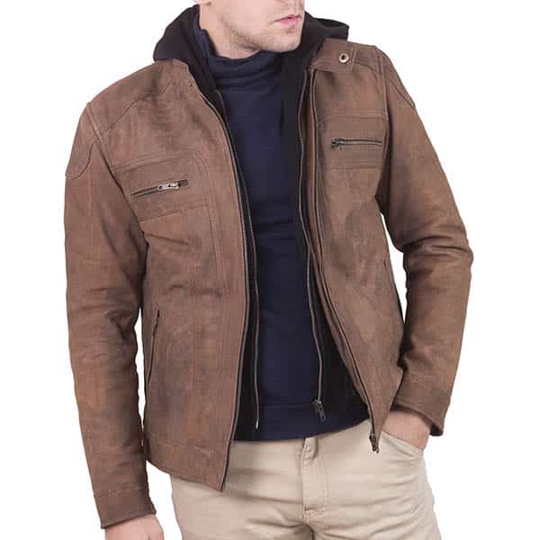 Men's Distressed Brown Leather Jacket With Hood