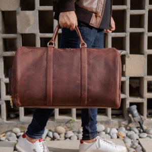 Men's Traveling Distressed Brown Leather Duffle Bag.