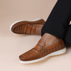 Men's Turkiye-Origin Tri-Dotted Leather Shoes in Tan Color