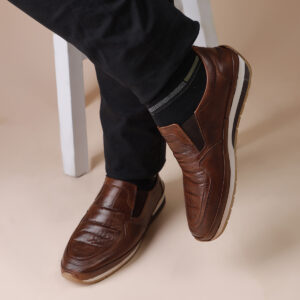 Men’s Turkish-Made Crocodile Style Leather Shoes in Burnished Brown Color