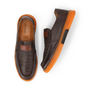 Turkish-made Dotted-design Brown Leather Loafers with Glowy Brown Soles for Men