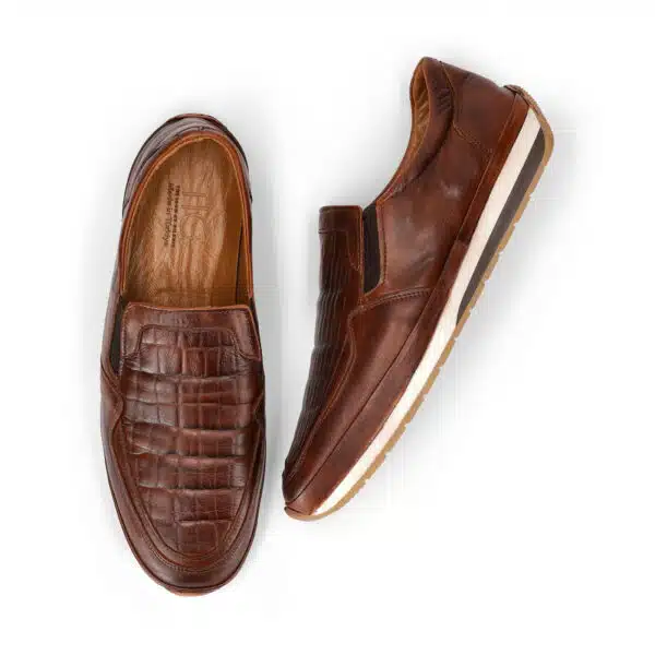 Men’s Turkish-Made Crocodile Style Leather Shoes in Burnished Brown Color