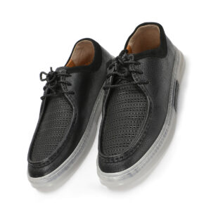 Men's Turkish-made Breathable Dotted-design Leather Shoes in Black with Transparent Sole